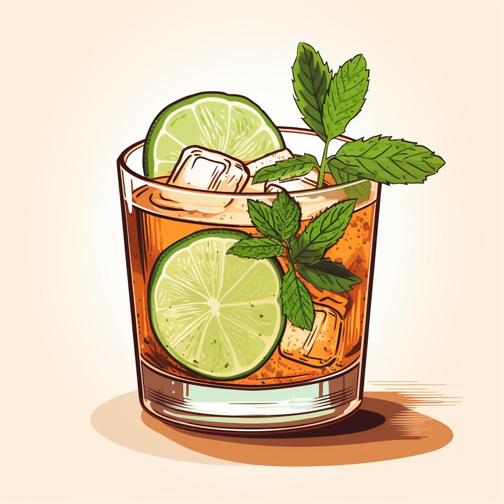 A Moscow Mule Mocktail in a glass, garnished with a slice of lime and a sprig of mint.