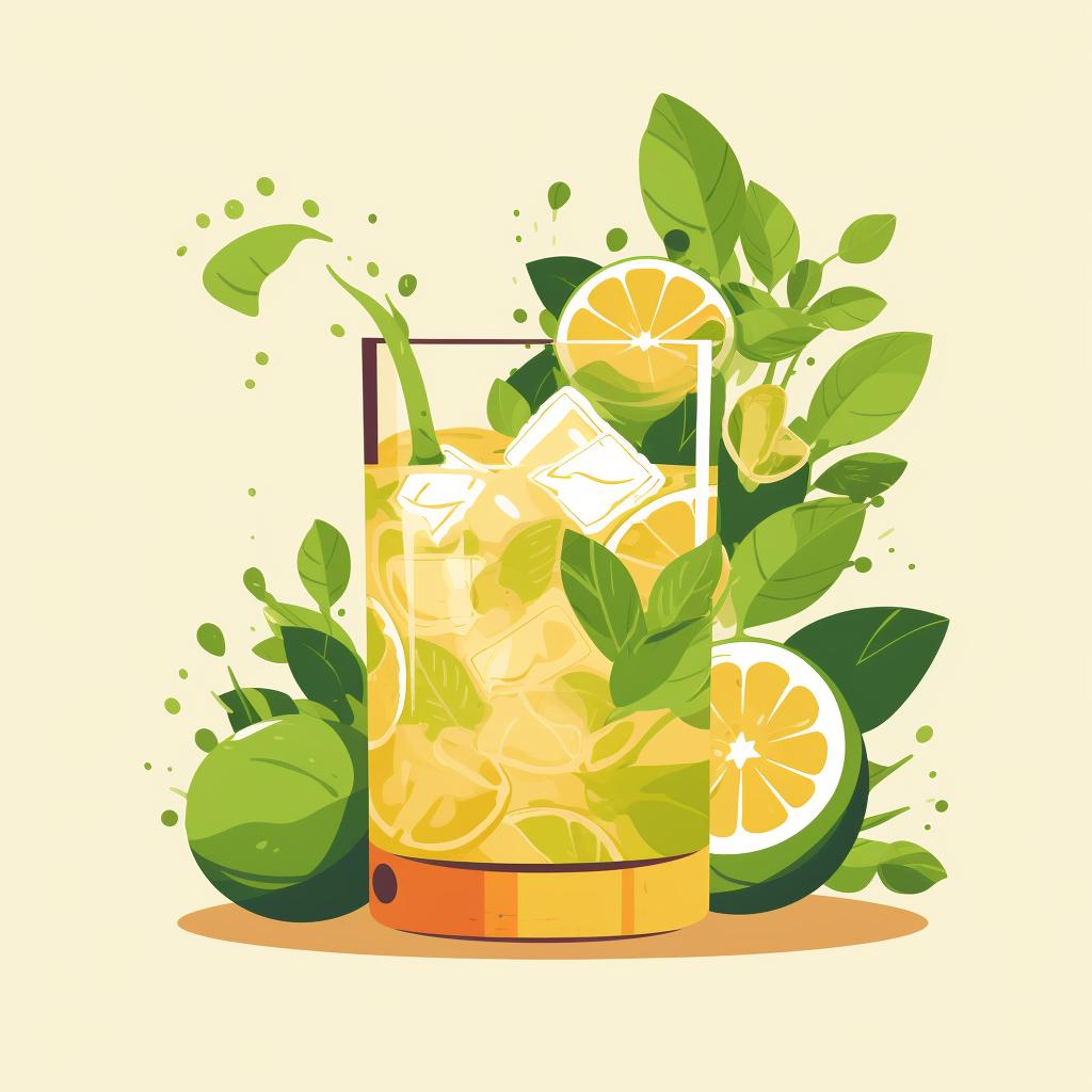 Lime juice and ginger beer being poured into a glass with muddled mint.