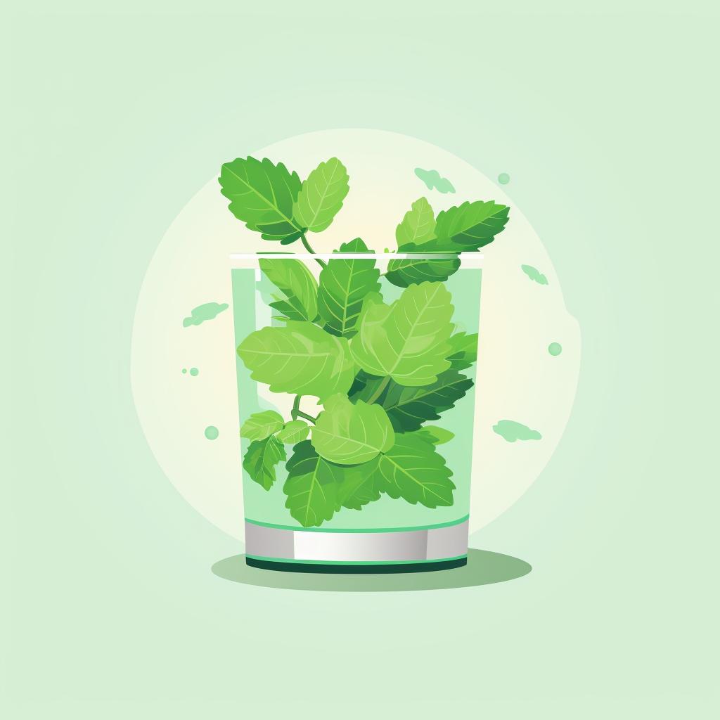 Mint leaves being muddled in a glass.