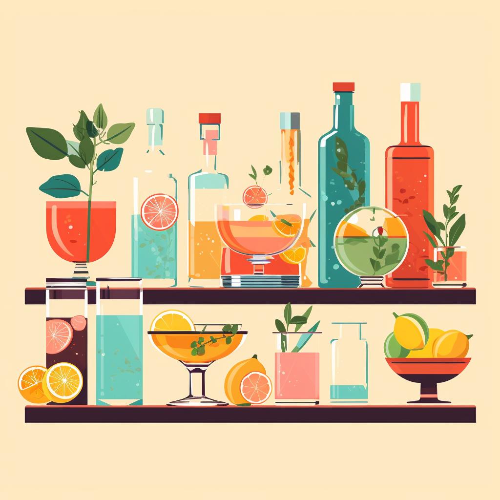 A fully set up mocktail bar with ingredients, tools, and glassware